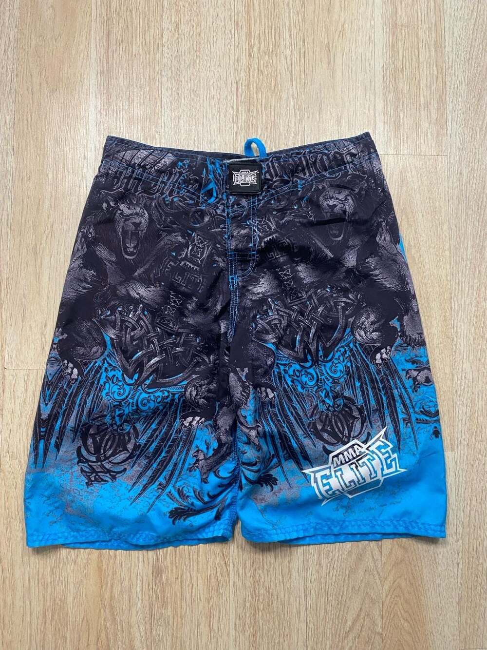 MMA Elite Fight Shorts Trunks Mens L Gym Training Aqua Teal Black Lion Tattoo
